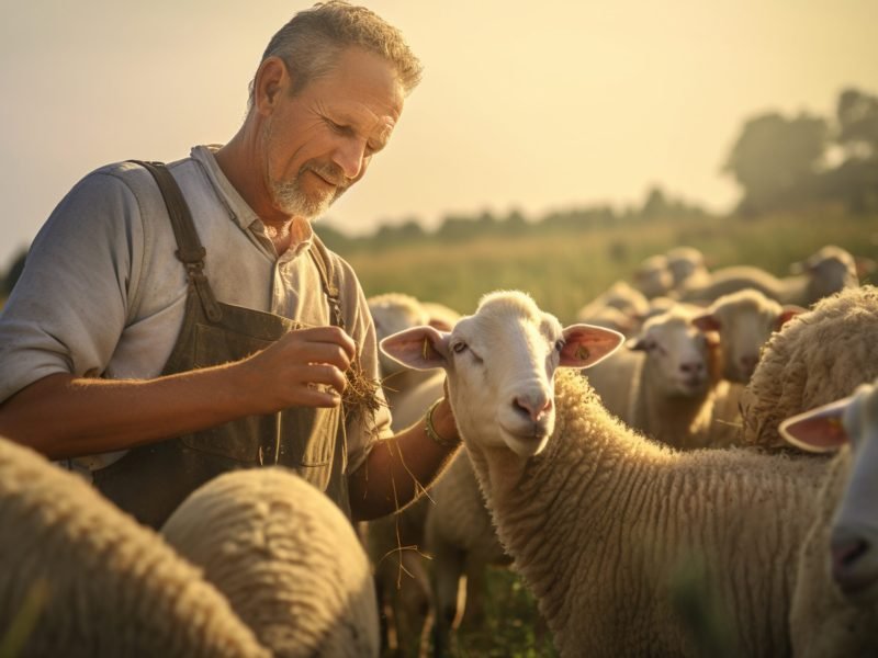 A shepherd farmer man feed a group sheep bokeh style background with Generative AI