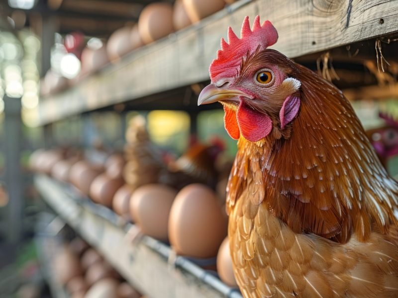 Hen with fresh eggs on a farm during morning